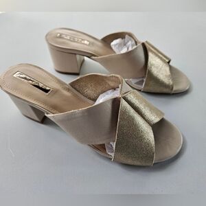 TAHARI Pink & Metallic Gold Leather Block Heel Sandals | SZ 6.5